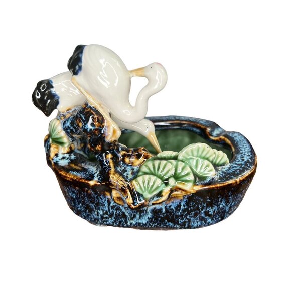 Japanese Glazed Porcelain Stork Ashtray 1960’s Mid Century Modern Lily Pads MCM - Picture 6 of 13